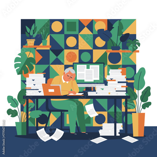 Overworked senior man stressed by paperwork overload and burnout at a chaotic office desk