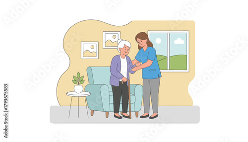 Professional caregiver helping an elderly woman stand up at home Senior care assistance and support concept