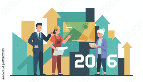 Diverse business team collaborating on growth strategy with charts and rising arrows