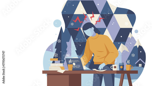 Remote worker struggles with stress and headache during winter seasonal workload and burnout concept