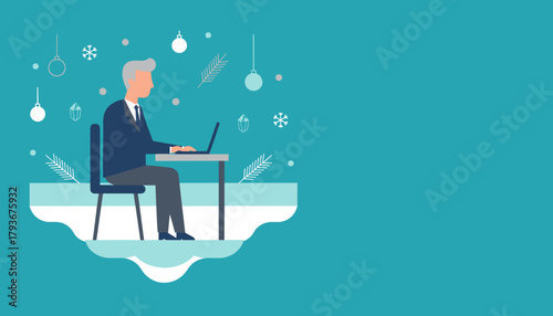 Senior businessman works on laptop during winter holidays Flat illustration with copy space