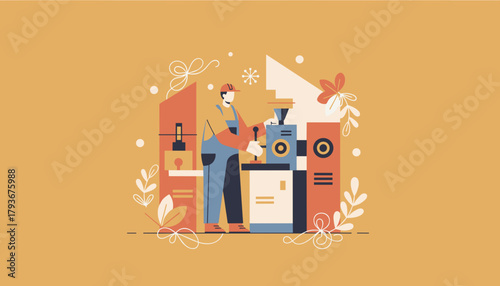 Industrial worker operating machinery Production craft and manufacturing process vector illustration