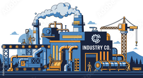Industrial factory complex vector illustration showing production infrastructure and manufacturing operations