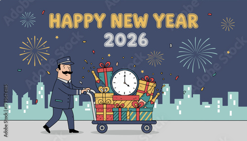 Bellhop delivers gifts champagne and a clock for Happy New Year 2026 celebration with fireworks