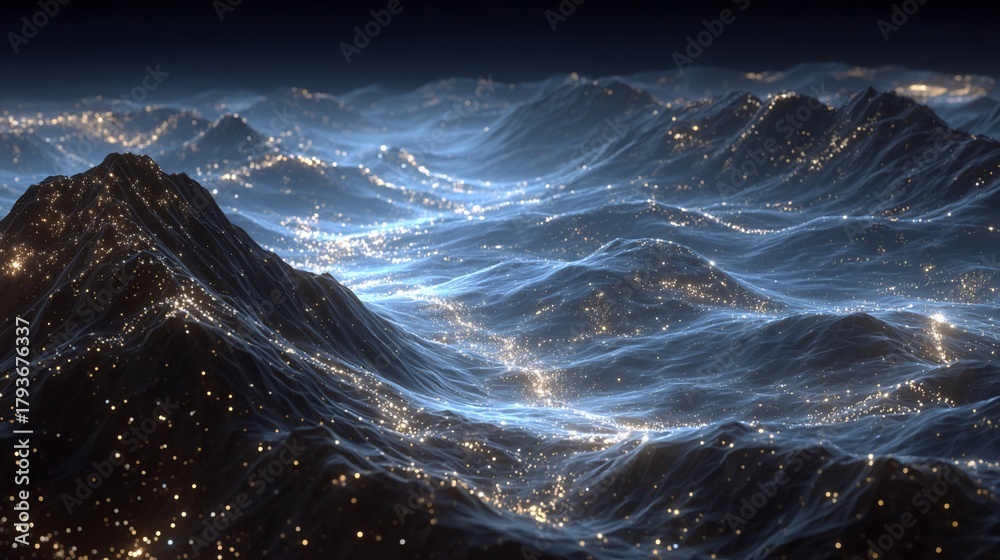 Fototapeta premium Abstract ocean landscape with glowing lights reflecting on the water surface waves