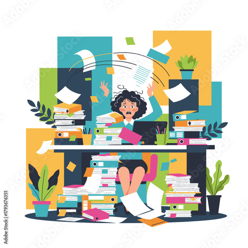 Stressed woman overwhelmed by paperwork chaos and deadlines at the office desk