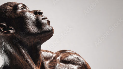 A highly detailed, dark wooden sculpture of a person's head and shoulder, gazing skyward. The intricate wood grain creates a powerful, contemplative aesthetic.