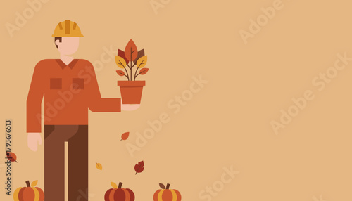 Worker in hard hat holds a potted autumn plant surrounded by pumpkins and fall leaves