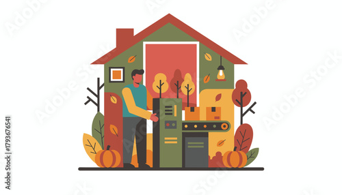 Seasonal home industry automation Man works factory equipment inside an autumnal house
