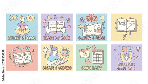 Doodle icons for selfcare journaling mental health mood tracking habits and reflection