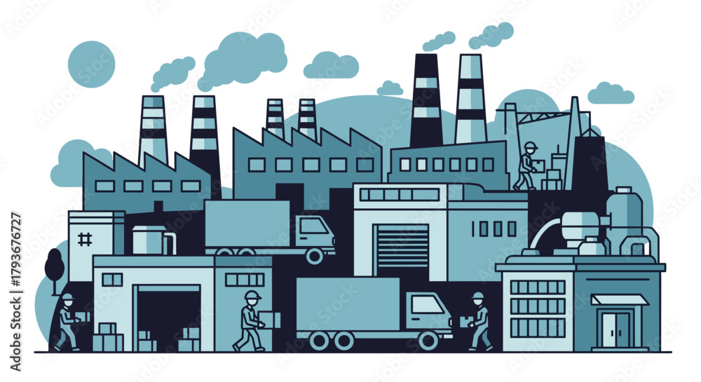 Obraz premium Industrial factory complex with warehouses trucks and workers Supply chain production and commerce concept