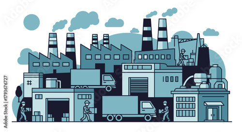 Industrial factory complex with warehouses trucks and workers Supply chain production and commerce concept