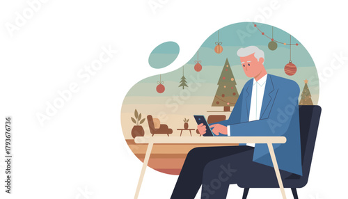 Senior man using smartphone at desk in Christmas decorated officehome Holiday work
