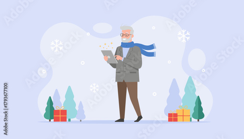 Senior man using tablet outdoors in a festive winter scene with gifts and snow