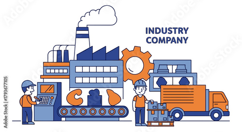 Factory production line illustration with workers machinery and logistics transport