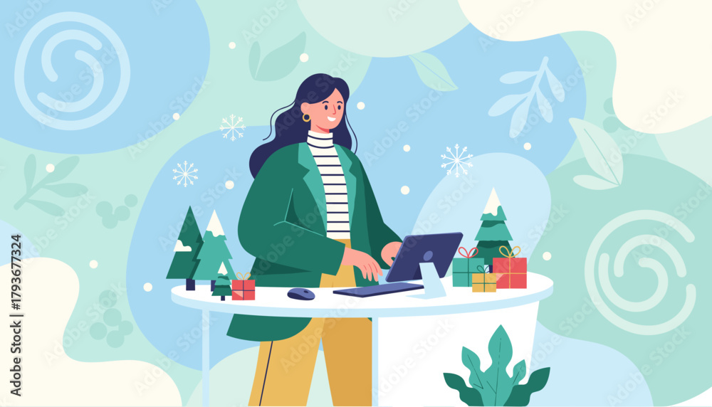 Freelancer working remotely during winter holidays with festive decor