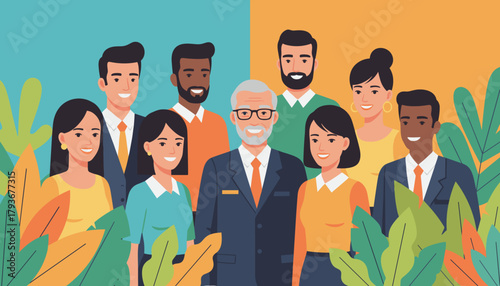 Diverse smiling professionals and senior leader team portrait in a colorful illustration