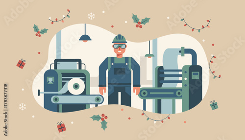 Merry industrial production Worker operating factory machinery surrounded by festive holiday decor