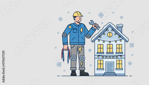 Repairman fixing house wiring and setting up winter decorations Electrical service illustration