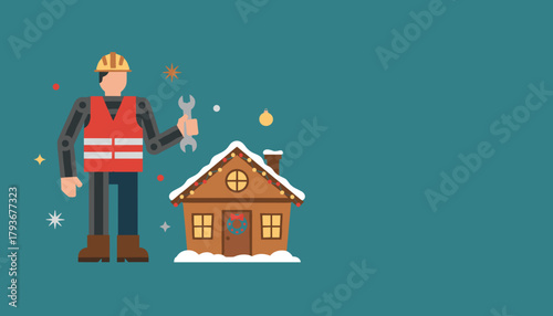 A repairman stands next to a festive snowcovered house holding a wrench Holiday maintenance service concept