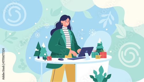 Freelancer working remotely during winter holidays with festive decor