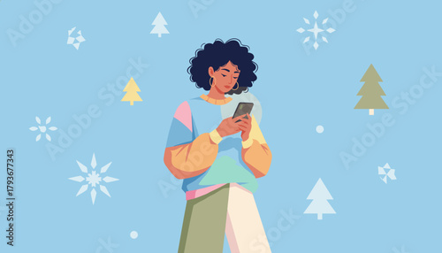 Woman checks smartphone with winter background Seasonal digital communication and connection