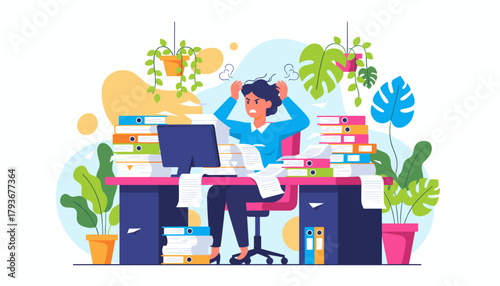 Stressed businesswoman overwhelmed by piles of paperwork and files at her cluttered office desk