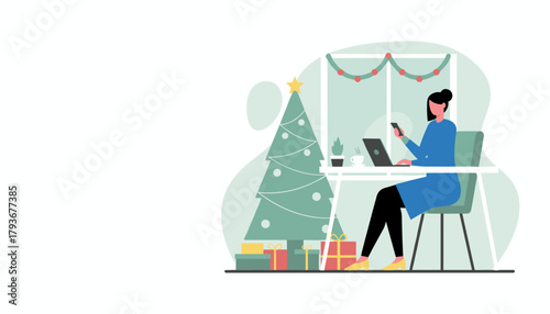 Woman works remotely on laptop and phone beside a Christmas tree Holiday business schedule
