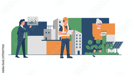 Smart city planning Engineer executive and resident collaborating on sustainable urban development