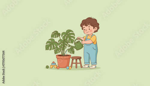 Happy child watering a large houseplant Monstera with a watering can Kids learning gardening