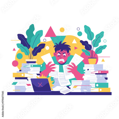 Overwhelmed worker stressed and angry buried under huge stacks of office paperwork and deadlines