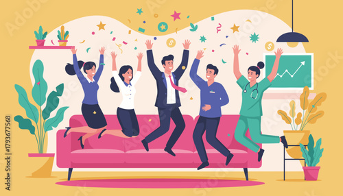 Diverse team of professionals jumps in celebration of business success and achievement with confetti