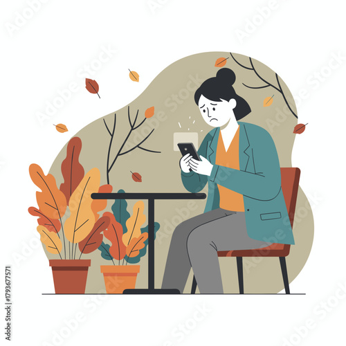 Sad woman checks her mobile phone at an outdoor cafe table in the autumn Digital disappointment