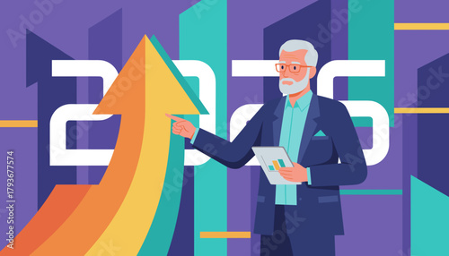 Senior businessman points to strong growth forecast for 2025 holding a success chart