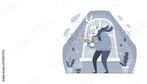 Furious senior man struggles with a broken or glitching tablet device indoors during the winter season