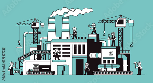 Industrial complex vector illustration with construction workers production and manufacturing
