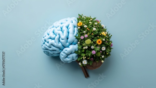 Mind and nature concept with human brain and lush colorful flowers #1793677737