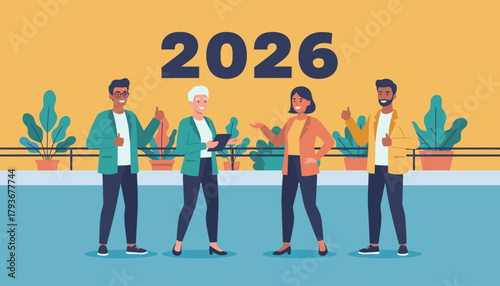 Diverse team planning success for 2026 Business goals future strategy and positive outlook illustration
