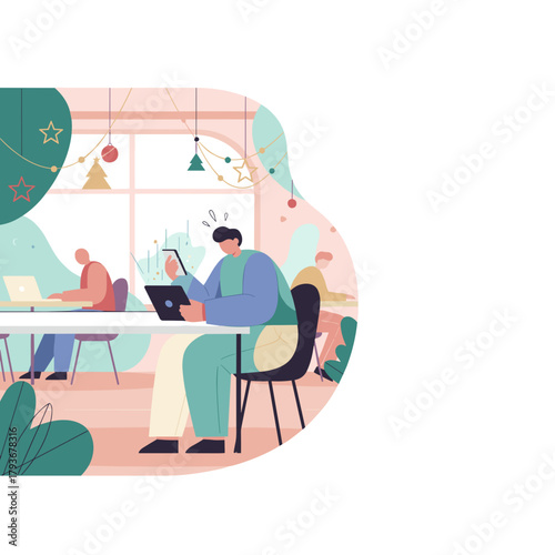 Frustrated man struggling with weak internet connection on tablet in a festive cafe or coworking space