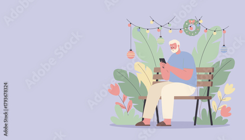 Senior man uses smartphone while relaxing outside with festive holiday decorations and tropical plants