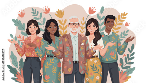 Diverse multigenerational team smiling and gesturing welcome in a friendly floralthemed illustration