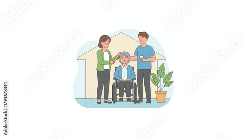 Family caring for disabled senior woman at home Home assistance and elder care illustration