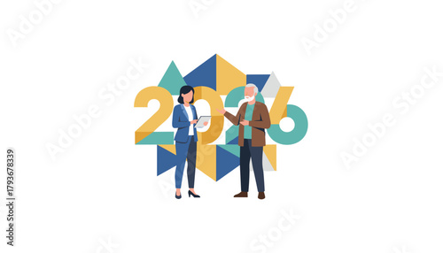 Professional woman and senior man planning goals for the year 2026 Financial advice illustration