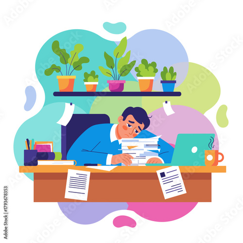 Exhausted businessman suffering from burnout sleeping on a pile of paperwork in the office