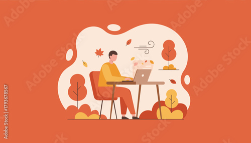 Digital nomad working on a laptop outside during autumn Cozy remote work illustration