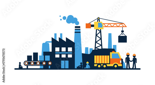 Industrial manufacturing complex illustration featuring factory construction crane workers and logistics