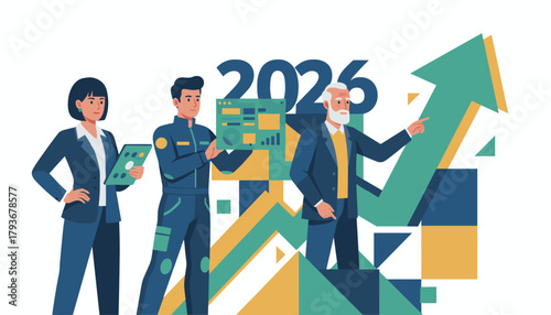 Diverse business team pointing to rapid growth chart and 2026 goal illustrating future success
