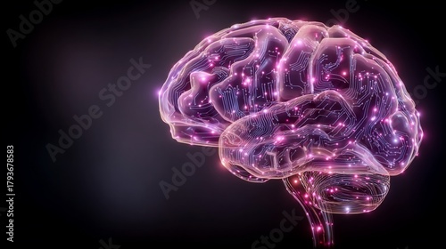 Artificial intelligence concept with glowing brain circuit board illustration on dark background