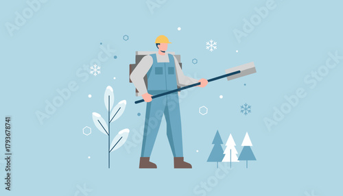 Snow removal worker clearing pathway in winter landscape Flat vector illustration