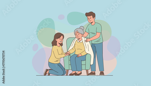 Multigenerational family providing compassionate care for an elderly woman